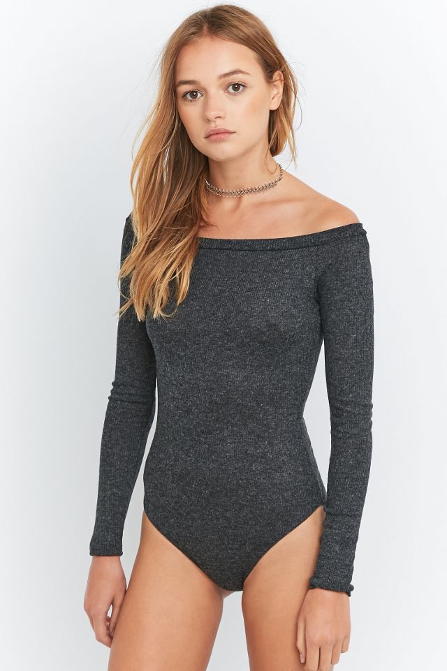 Grey Ribbed Long Sleeve Bardot Bodysuit #1