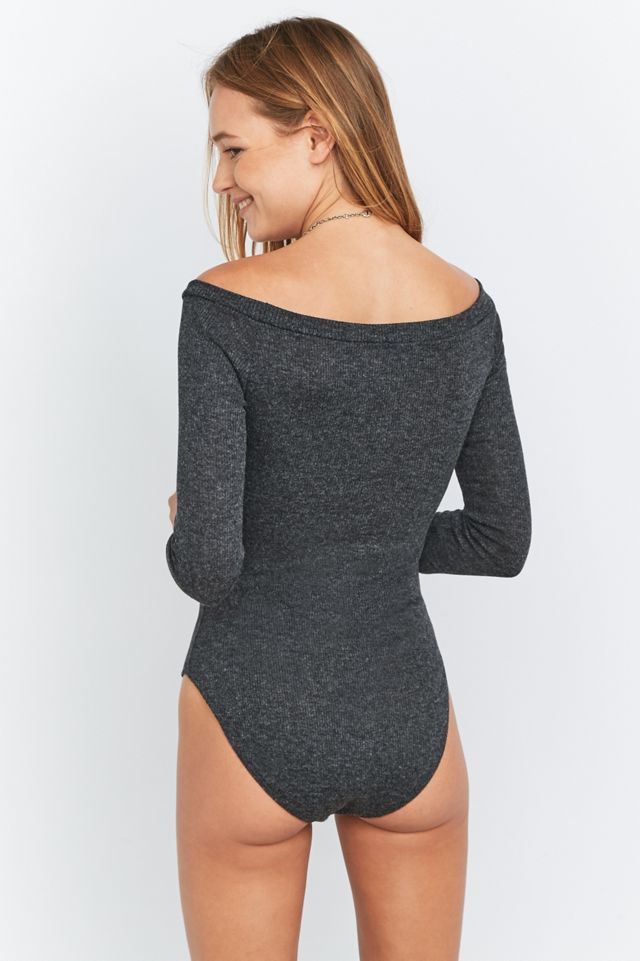 Grey Ribbed Long Sleeve Bardot Bodysuit #3