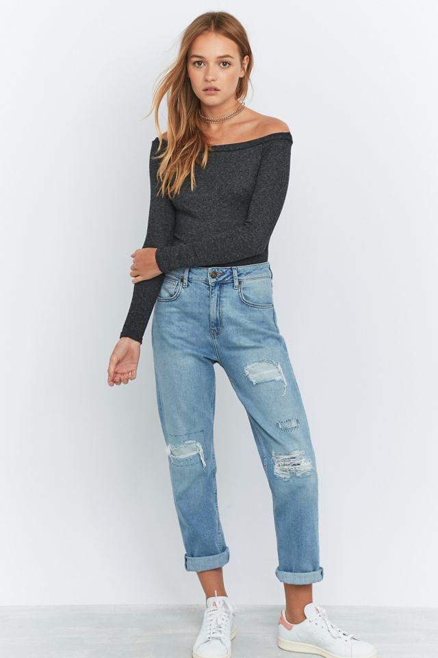 Grey Ribbed Long Sleeve Bardot Bodysuit #4