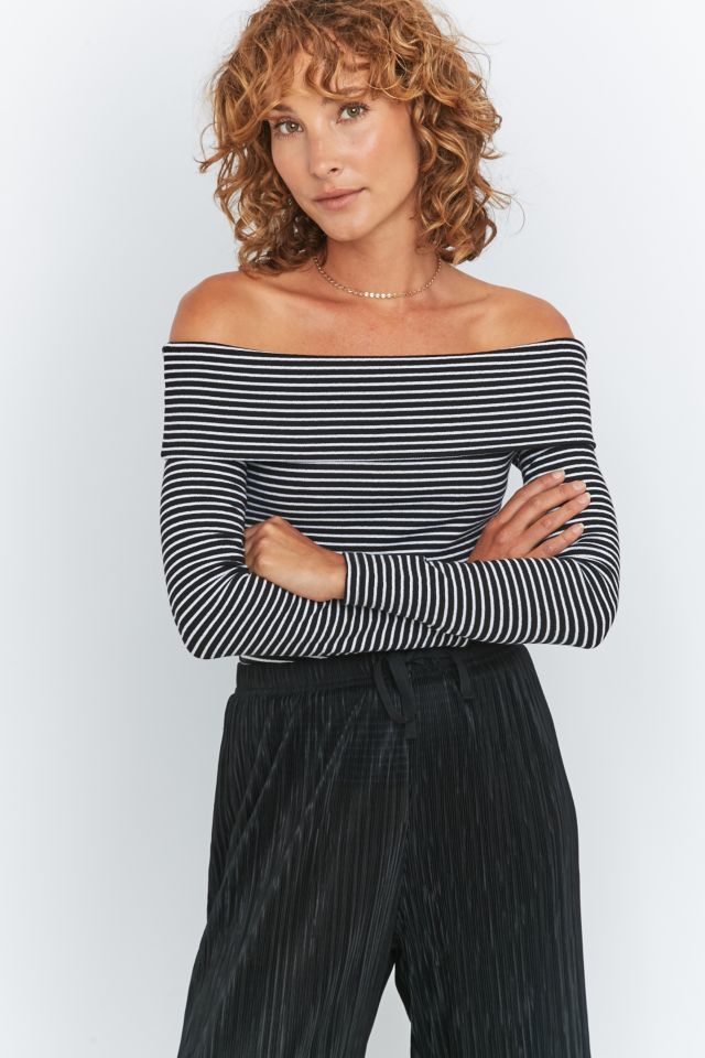 Light Before Dark Black and White Striped Folded Bardot Top Urban