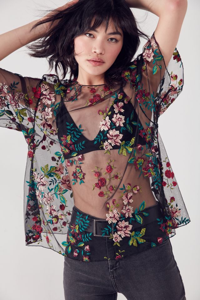 Sheer floral hotsell embroidered top