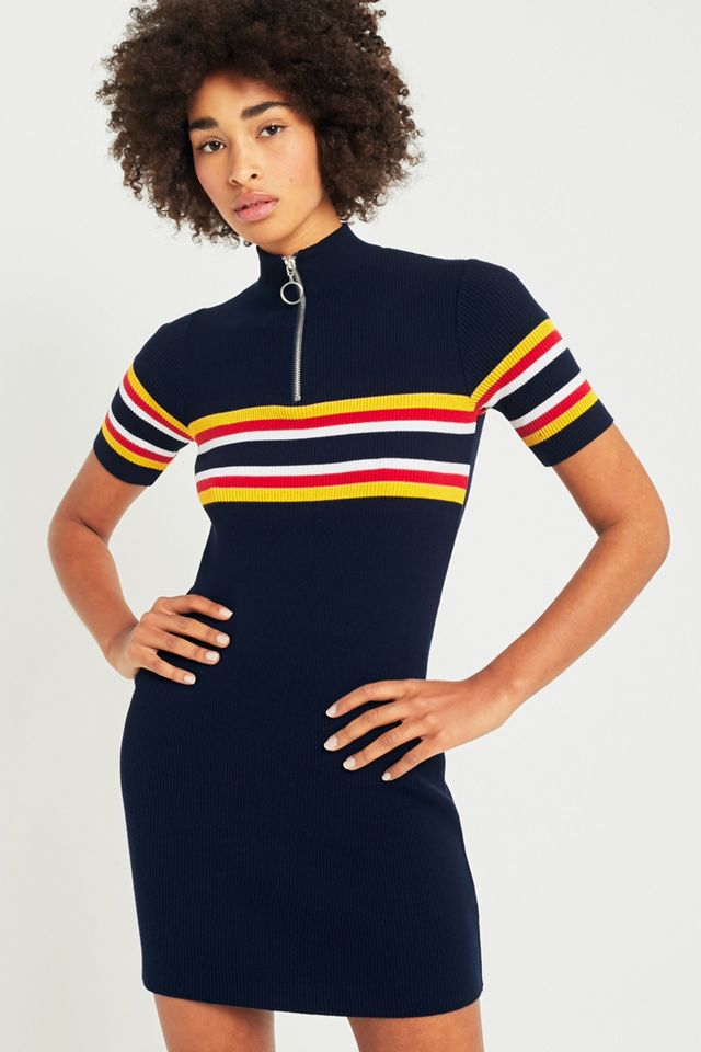 Urban Outfitters Striped Ribbed Zip-Up Mock Neck T-Shirt Dress #1