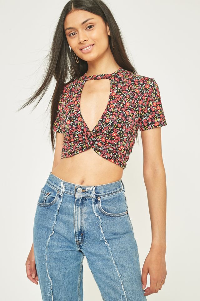 Urban Outfitters Floral Twist Front Choker Cropped T-Shirt | Urban ...
