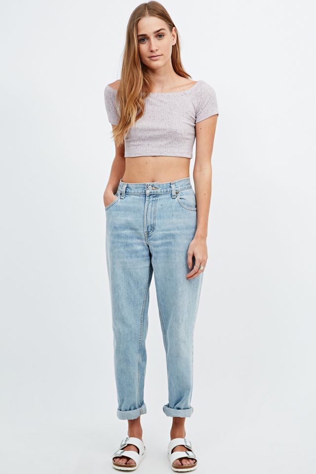 Crop Top Rose Côtelé Bardot (Urban Outfitters) - Taille M (8-10), épaules Dénudées - Occasion Très Bon état