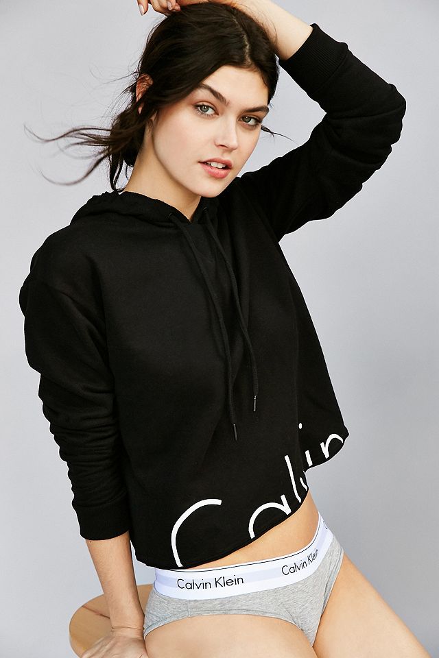 Calvin Klein Modern Cropped Black Hoodie | Urban Outfitters UK