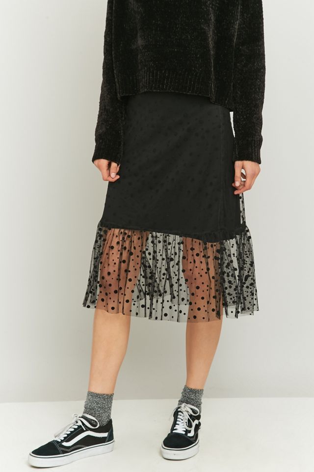 Pins & Needles Black Polka Dot Mesh Peplum Midi Skirt  #1