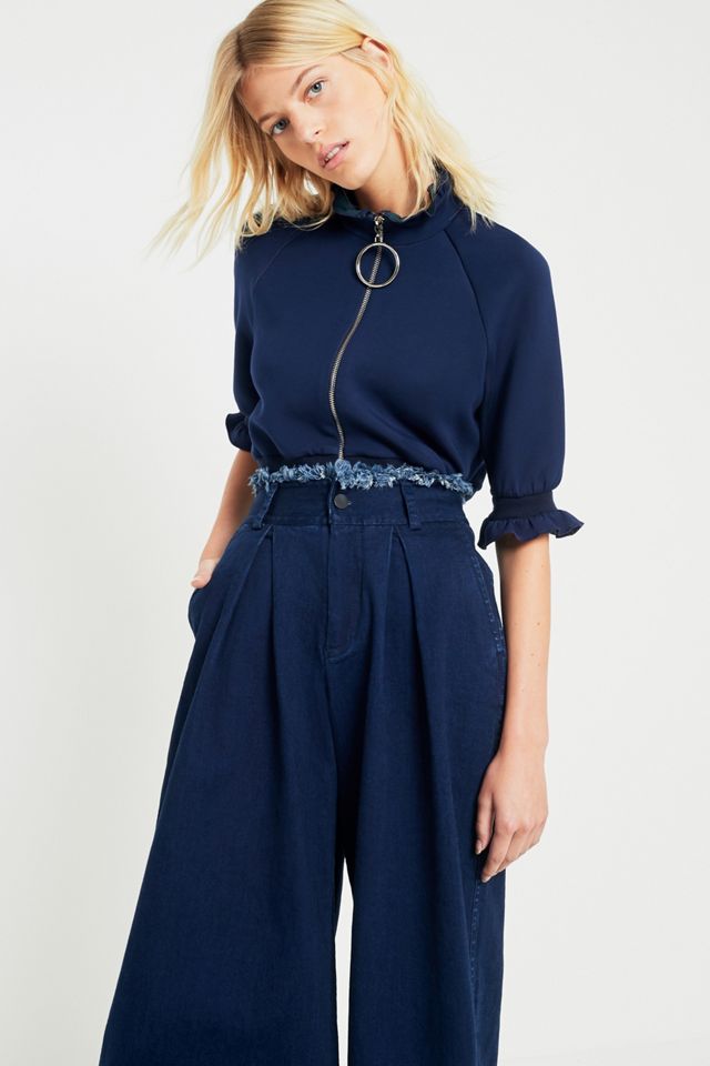 Angel Chen Washed Navy Plisado Pantalones de pierna ancha #3