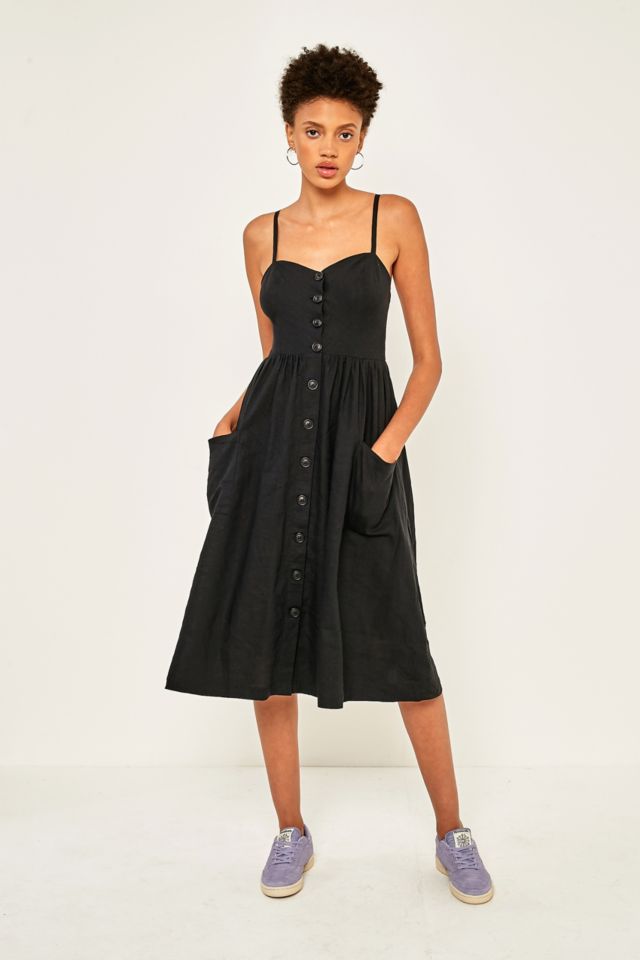 Urban Outfitters Emilia Black Linen Button Through Midi Dress