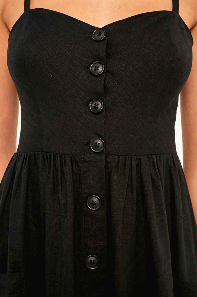 Urban Outfitters  Midi-Leinenkleid Emilia in Schwarz mit Knopfleiste
