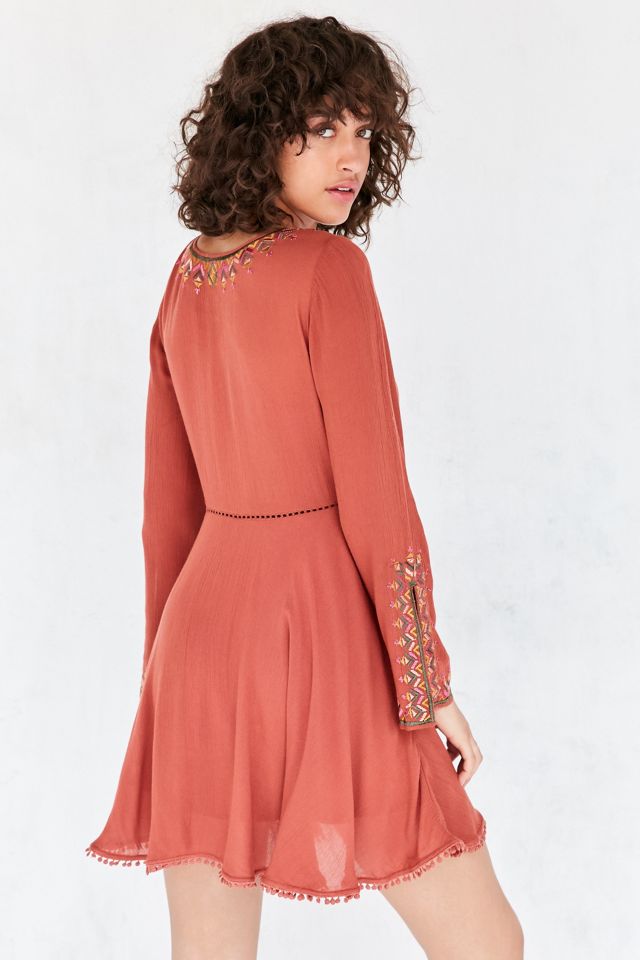 Ecote Holly Embroidered Bell-Sleeve Orange Mini Dress | Urban Outfitters UK