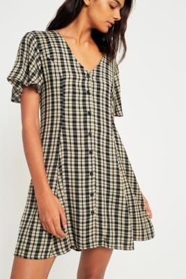Urban Outfitters Black and White Checked Lace-Up Day Dress | Urban ...