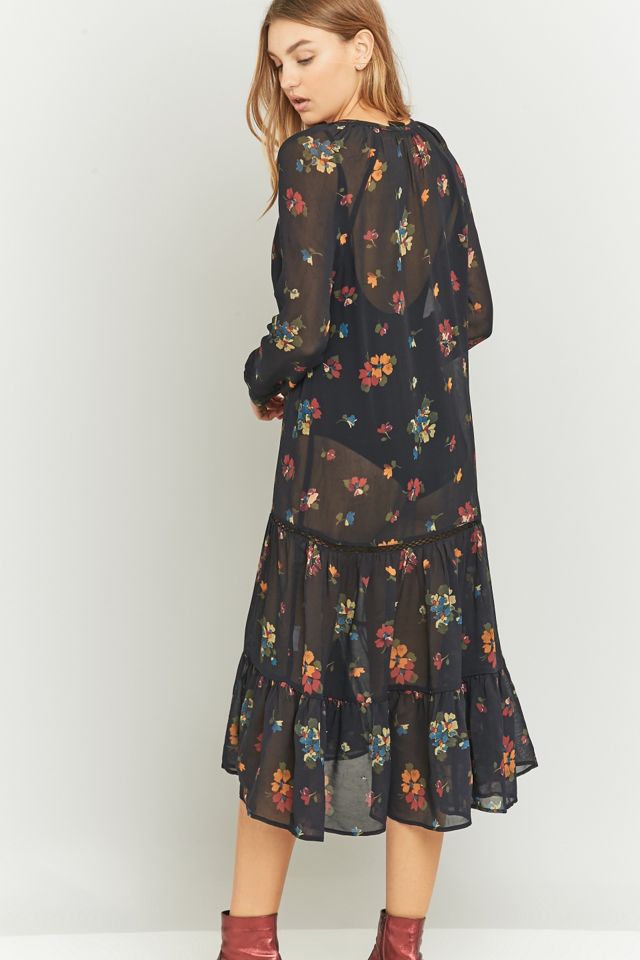 Pins & Needles Drop Waisted Black Floral Print Midi Dress #1