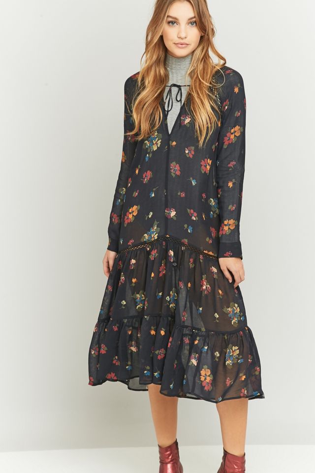 Pins & Needles Drop Waisted Black Floral Print Midi Dress #3