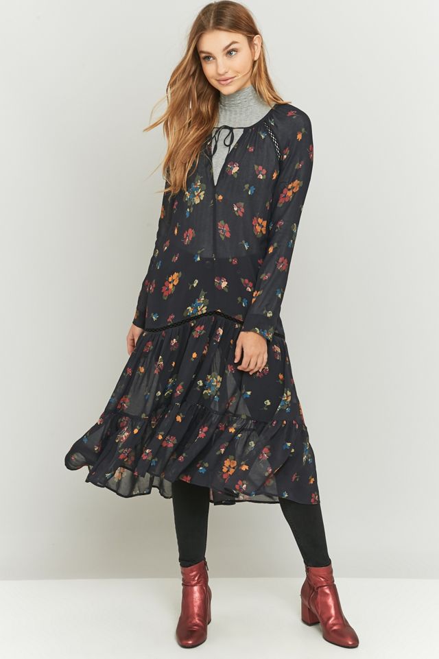 Pins & Needles Drop Waisted Black Floral Print Midi Dress #4
