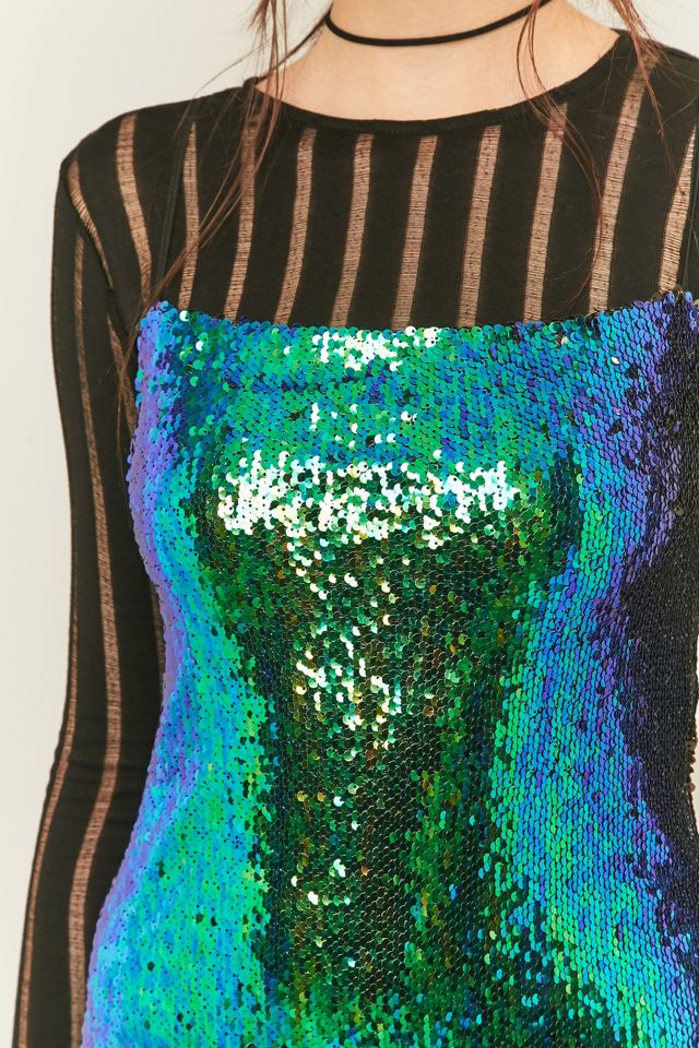 urban outfitters green sequin dress Lux Urban Outfitters Dress Mesh silk Sequin Cocktail Green Black SZ 5
