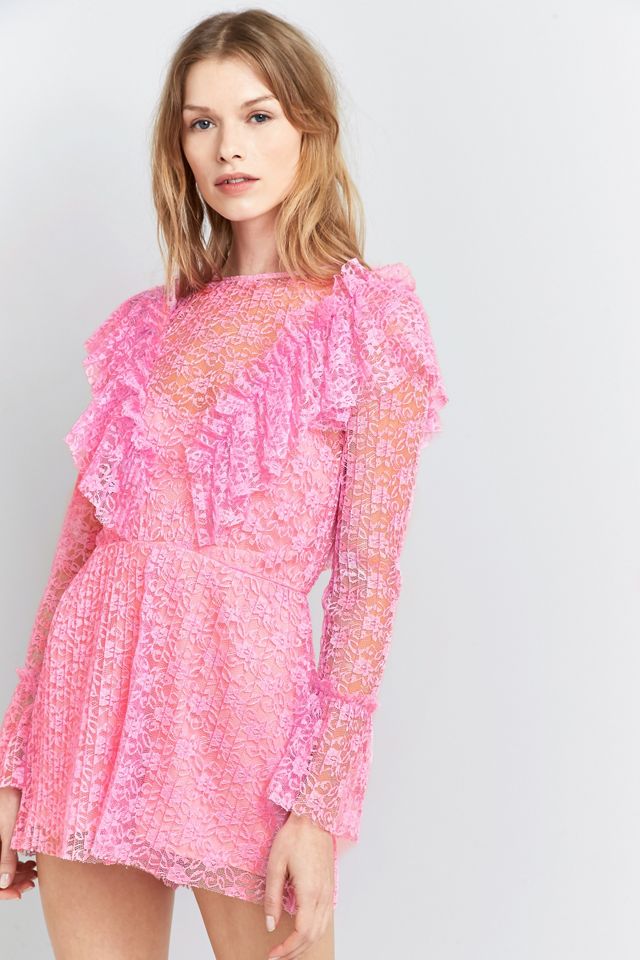 Pins & Needles Pleated Ruffle Neck Lace Playsuit