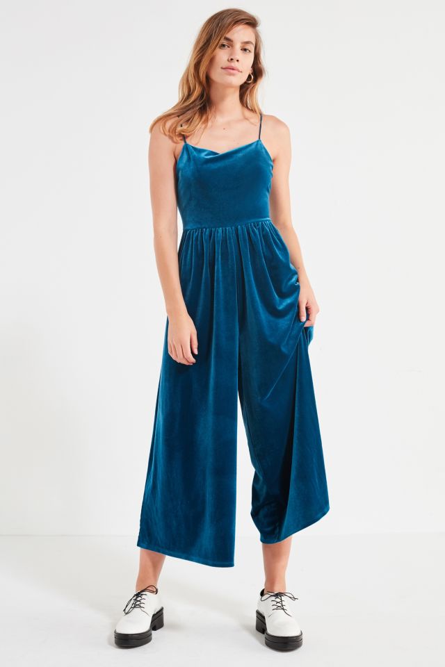 UO Emmabella Blue Velvet Straight-Neck Jumpsuit | Urban Outfitters UK