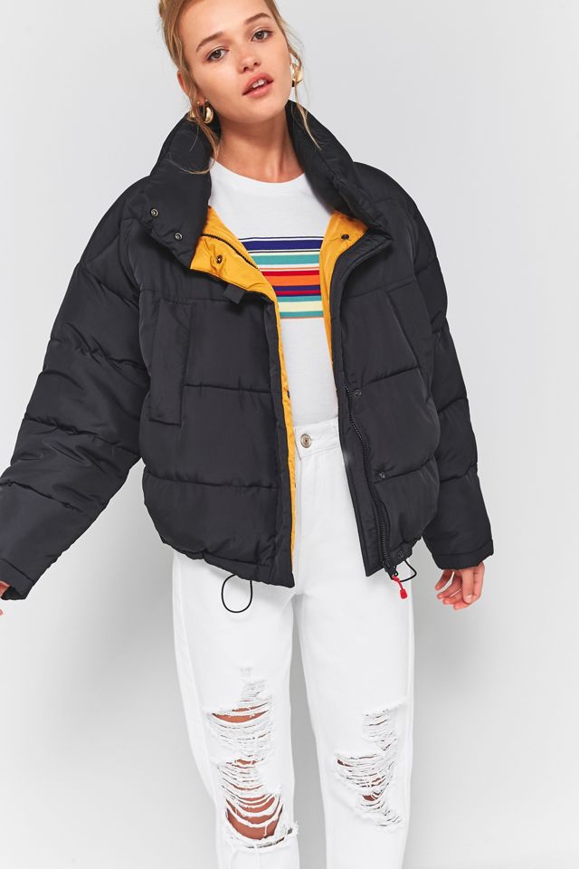 Light Before Dark Black Yellow Contrast Lining Pillow Puffer Jacket #4