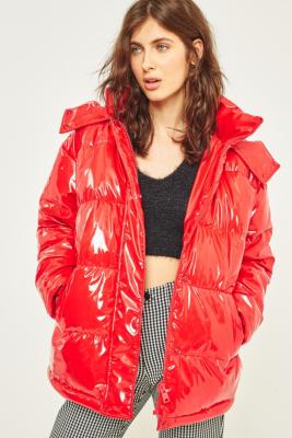 womens red hooded puffer jacket