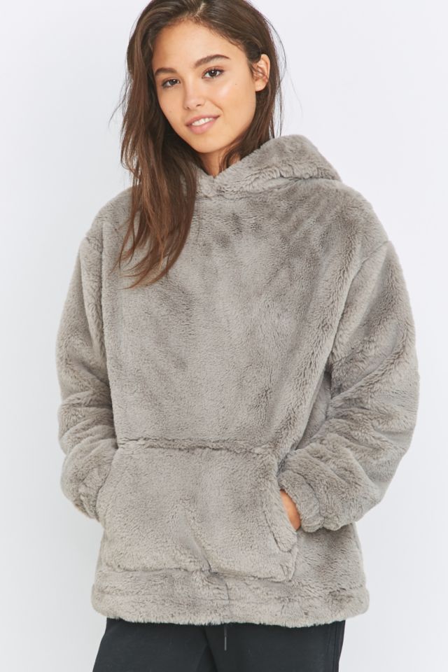 Pins & Needles Grey Faux-Fur Popover Hoodie | Urban Outfitters UK