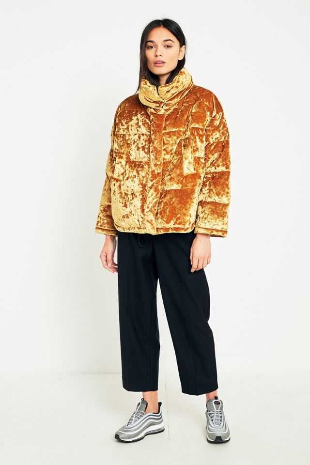 Light Before Dark Gold Velvet Pillow Puffer Jacket #1