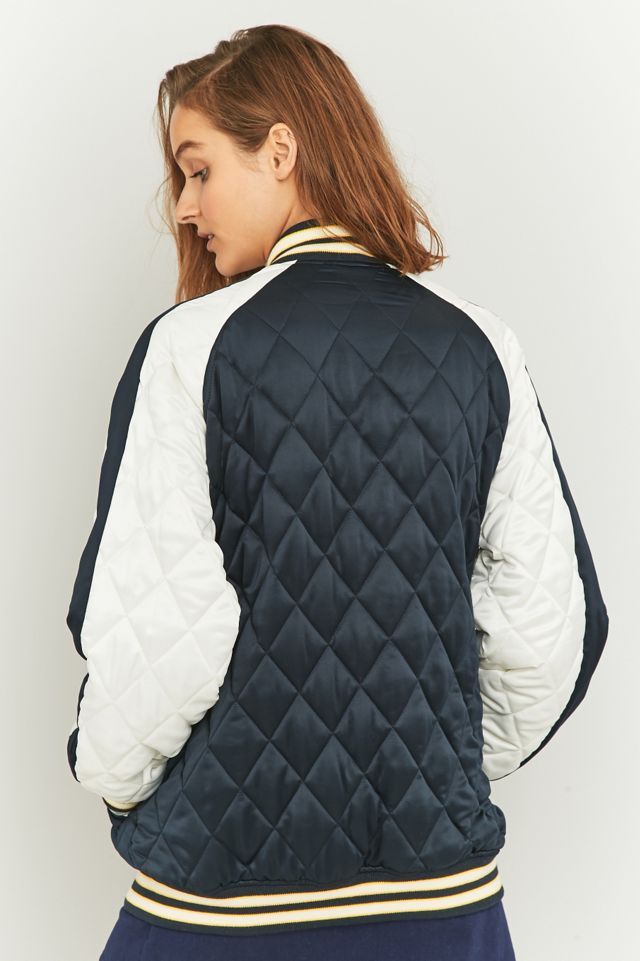 Light Before Dark Navy Quilted Baseball Bomber Jacket | Urban Outfitters UK