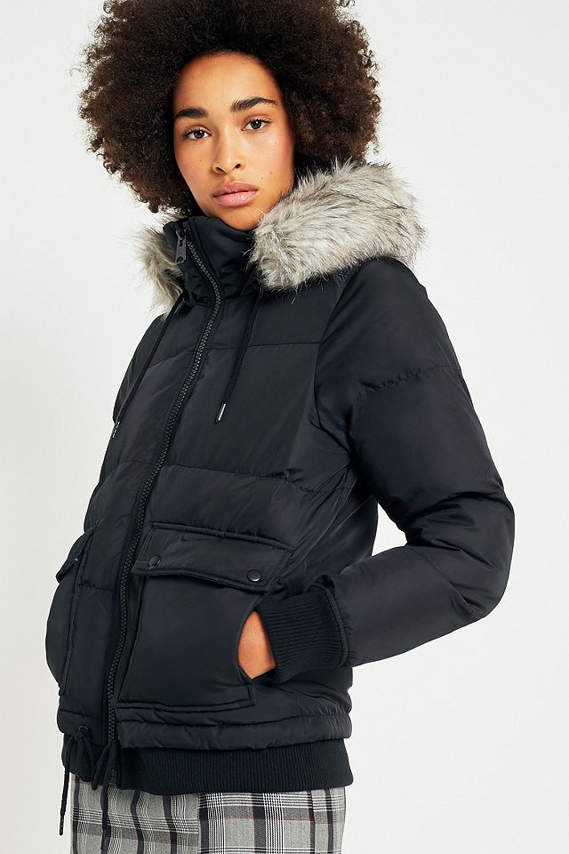 Light Before Dark Fur Hood Black Puffer Jacket | Urban Outfitters UK