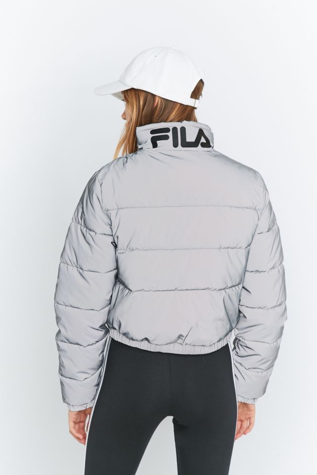 UO Exclusive Fila Toto Reflective Silver Cropped Puffer Jacket