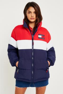 blue white and red puffer jacket