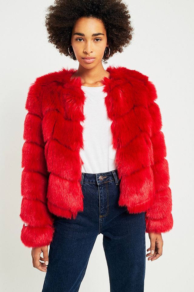 Jakke Red Faux Fur Puffer Jacket, Red Curly Fur Coat