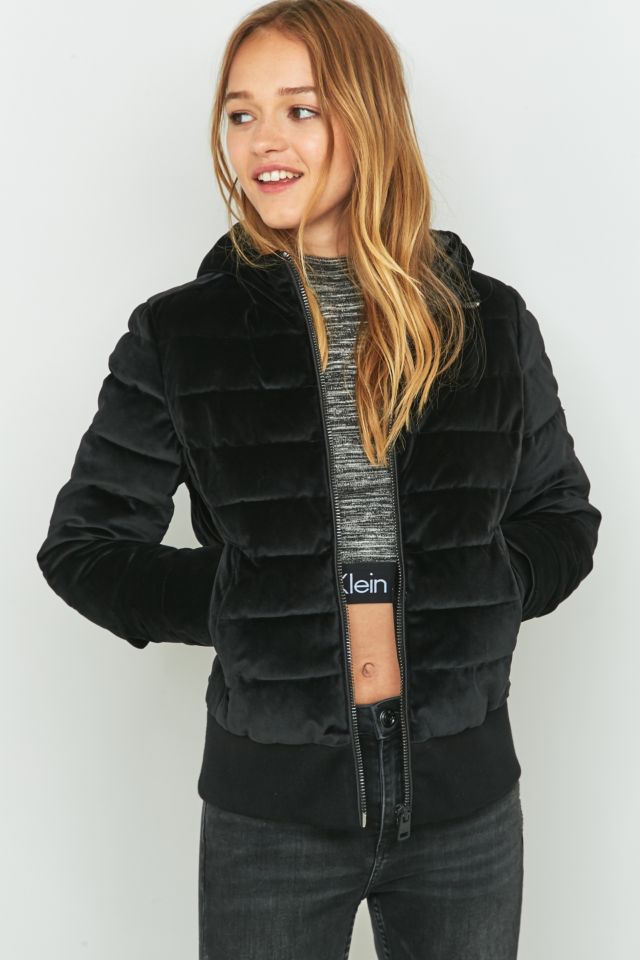 Calvin klein hooded on sale velvet puffer coat