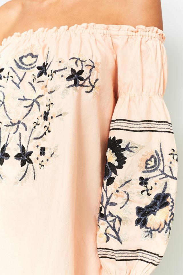 Free People Fleur Du Jour Off-The-Shoulder Pink Floral Embroidered Dress | Urban  Outfitters UK
