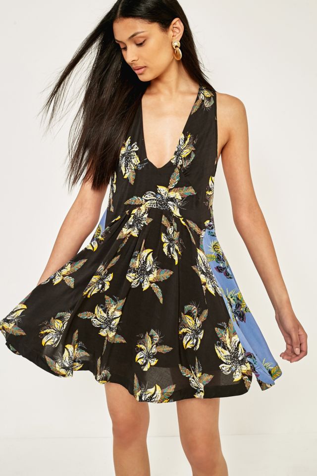 Free People Thought I Was Dreaming Black And Blue Floral Mini Dress