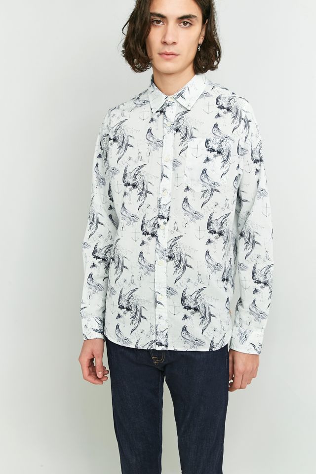 Nudie Jeans - Chemise Henry motifs esquisse blanc cassé et bleu marine