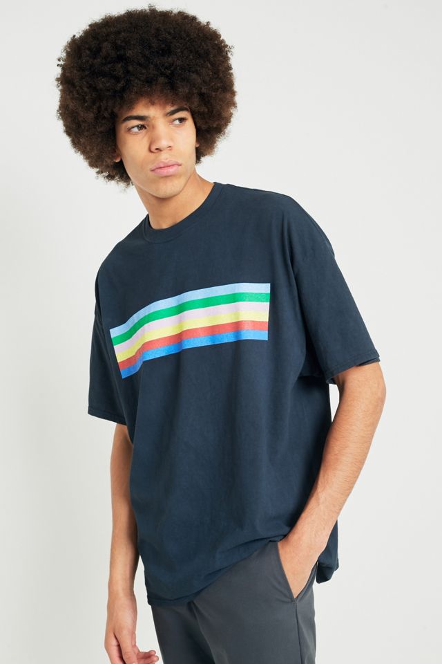 UO Rainbow Stripe Washed Black T-shirt Urban Outfitters UK