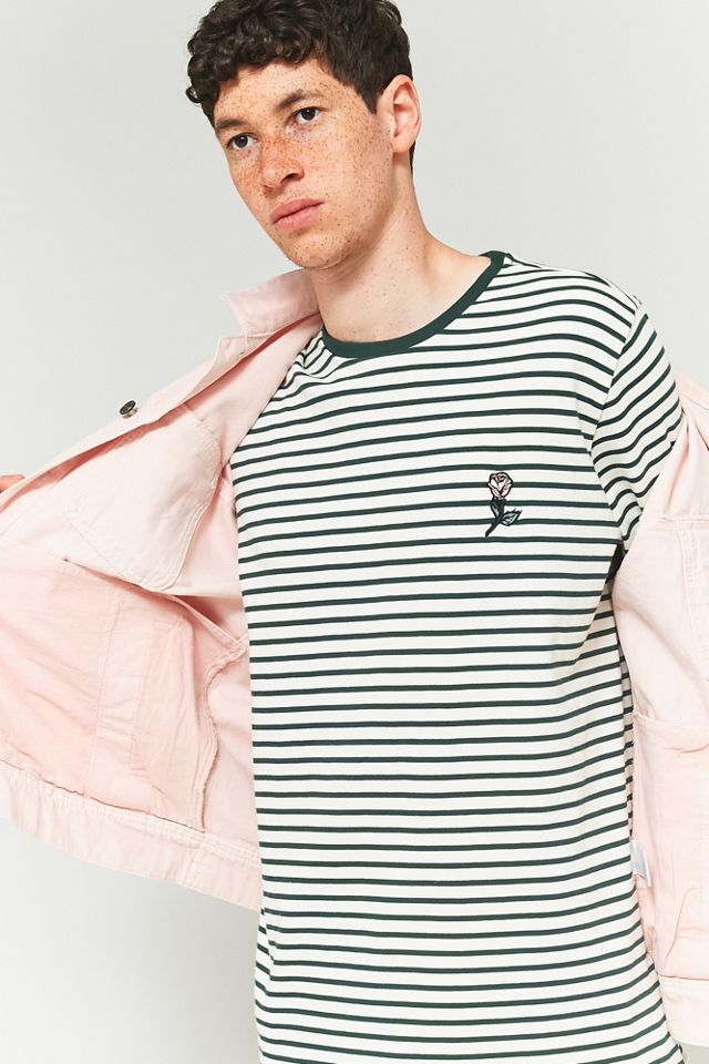 Shore Leave by Urban Outfitters Green and Ecru Striped Rose Embroidery Long-Sleeve T-shirt #1
