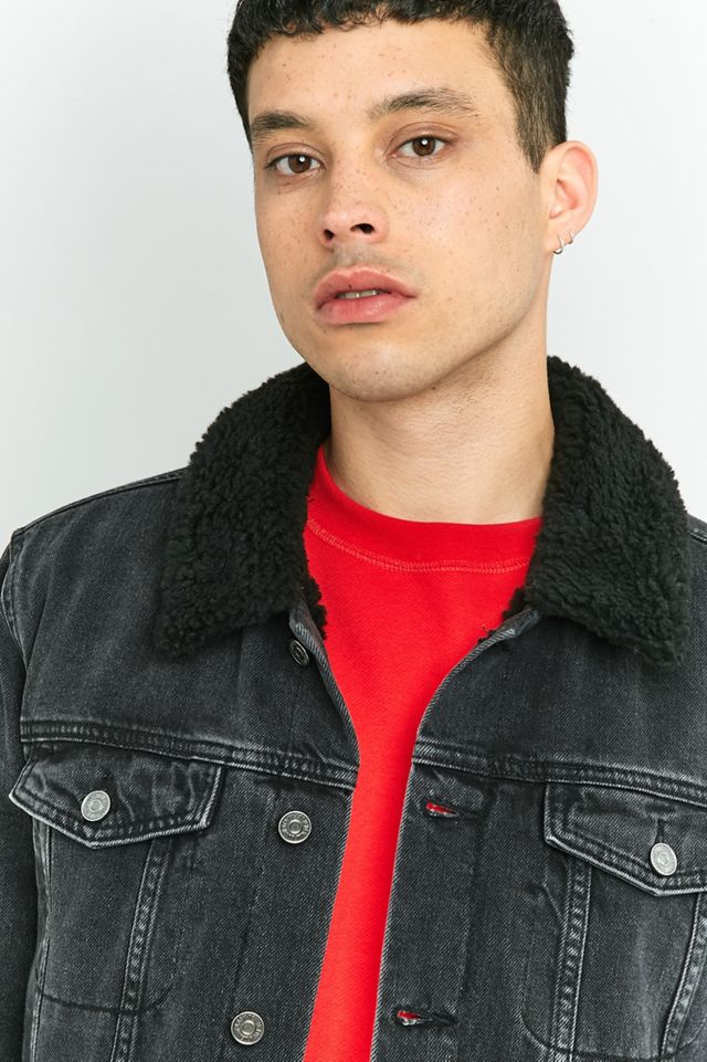 Loom Washed Black Denim Sherpa Collar Trucker Jacket #5