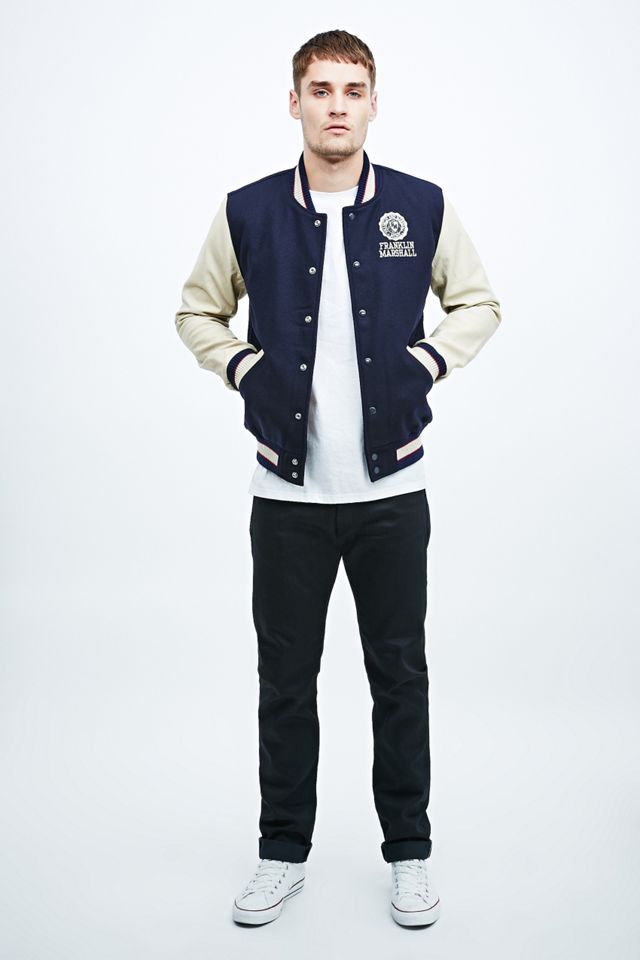 Franklin & Marshall Crest Varsity Jacket in Navy | Urban Outfitters UK