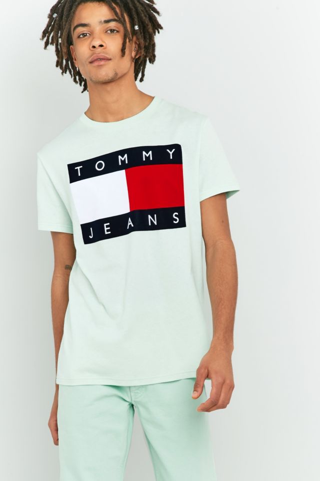 Tommy Jeans '90s Flocked Logo Dusty Aqua T-shirt | Urban Outfitters UK