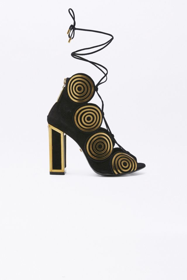 Kat Maconie Vera Black Suede Gold Circle Lace-Up Heels #1