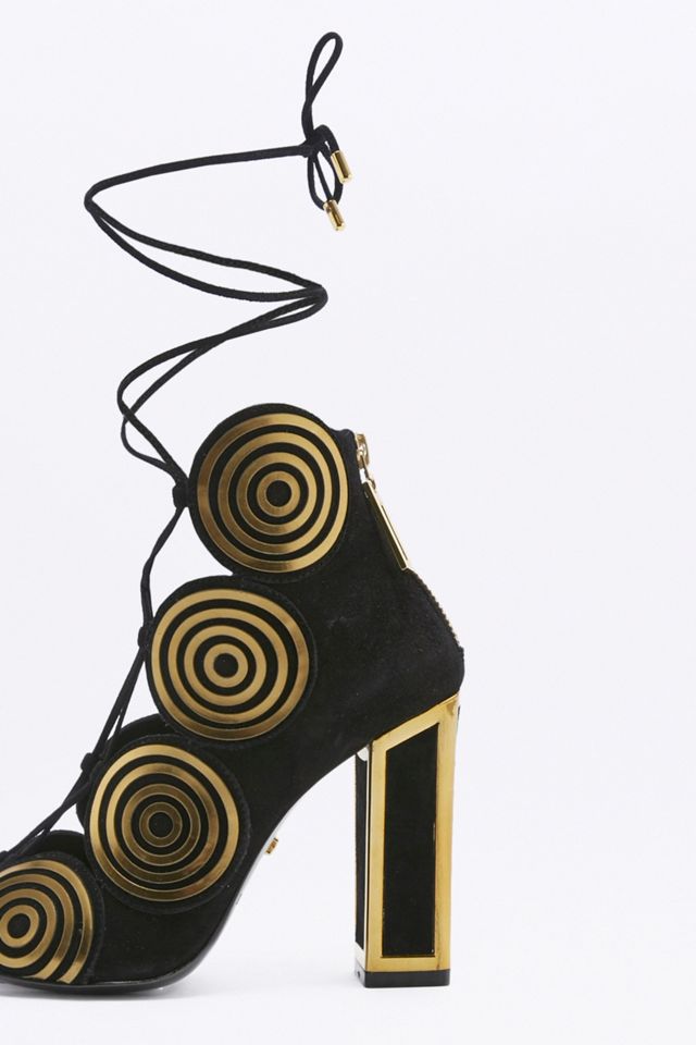 Kat Maconie Vera Black Suede Gold Circle Lace-Up Heels #2