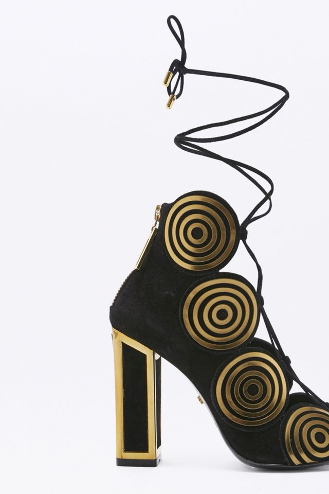 Kat Maconie Vera Black Suede Gold Circle Lace-Up Heels #4
