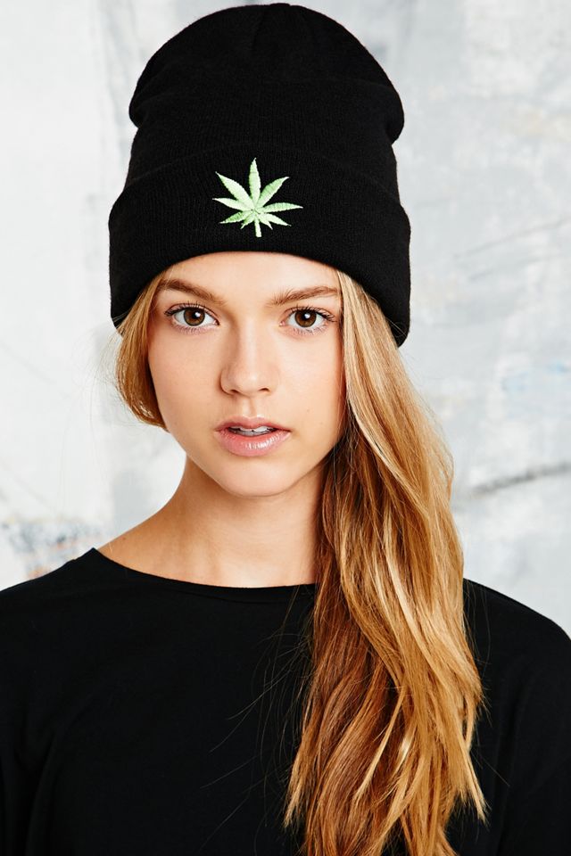 Weed Leaf Beanie Hat in Black Urban Outfitters UK