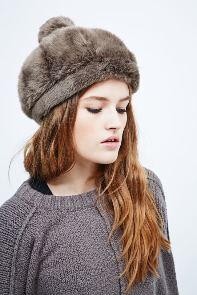 Faux Fur Pom Hat in Brown | Urban Outfitters UK