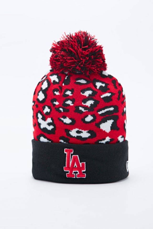 New LA Dodgers Leopard Print Bobble Hat in Red | Urban Outfitters UK
